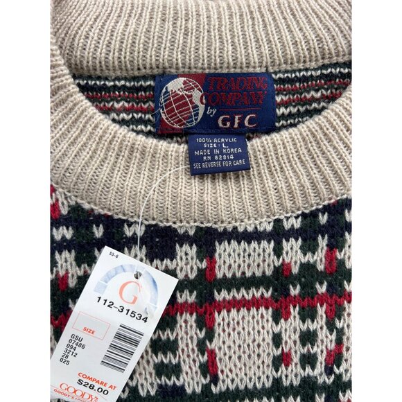 Vintage GFC Trading Co. Plaid Acrylic Crewneck Sweater Size L Beige/Green/Red O3 - Picture 2 of 4
